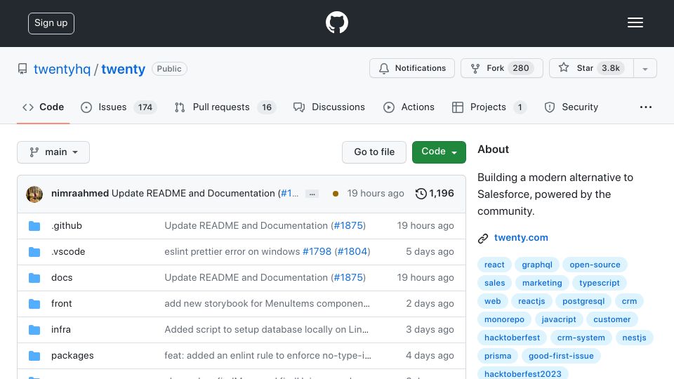 Screenshot of github.com: Twenty: A Modern open-source CRM