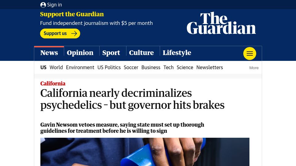 Screenshot of theguardian.com: California nearly decriminalizes psychedelics – but governor hits brakes