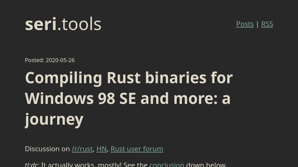 Screenshot of seri.tools: Compiling Rust binaries for Windows 98 SE and more: a journey (2020)