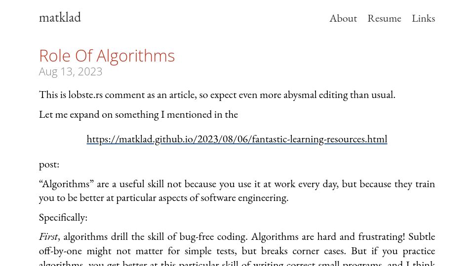 Screenshot of matklad.github.io: Role of Algorithms