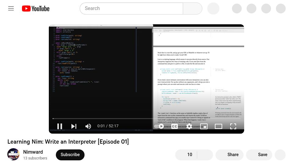 Screenshot of youtube.com: Learning Nim: Write an Interpreter [video]