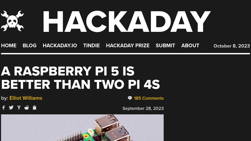 Screenshot of hackaday.com: A Raspberry Pi 5 is better than two Pi 4S