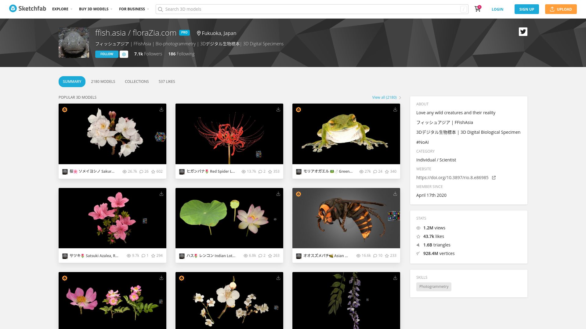 Screenshot of sketchfab.com: Kyushu University released more than 1500 3D models of animals and plants (2022)