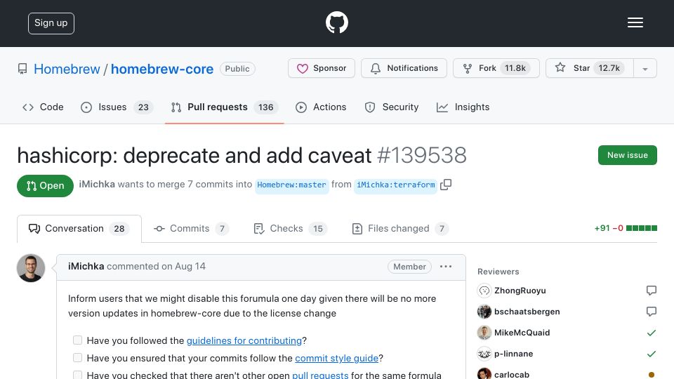 Screenshot of github.com: Homebrew to deprecate and add caveat for HashiCorp