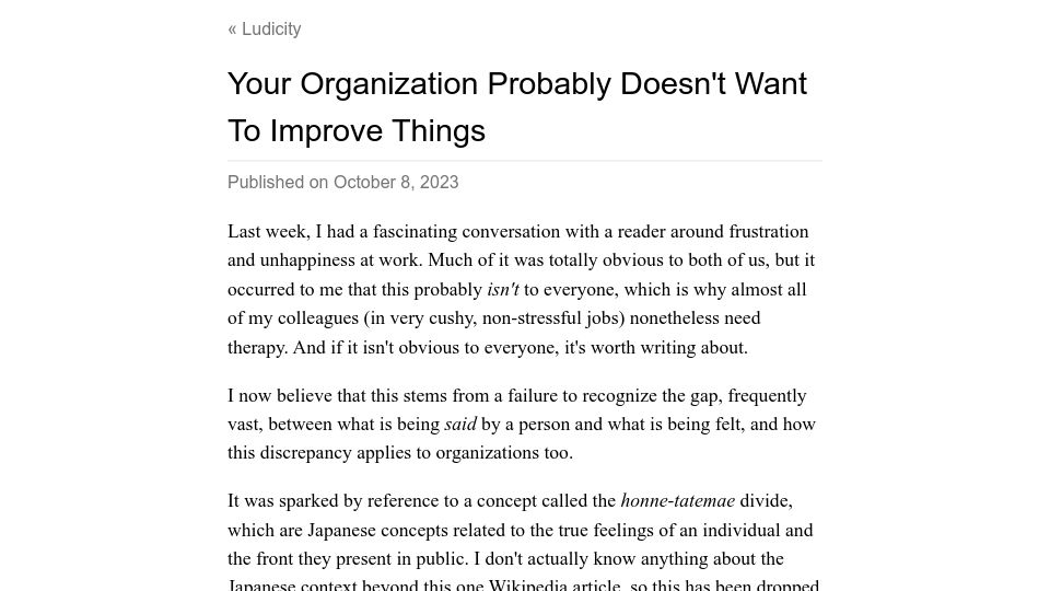 Screenshot of ludic.mataroa.blog: Organization probably doesn't want to improve things