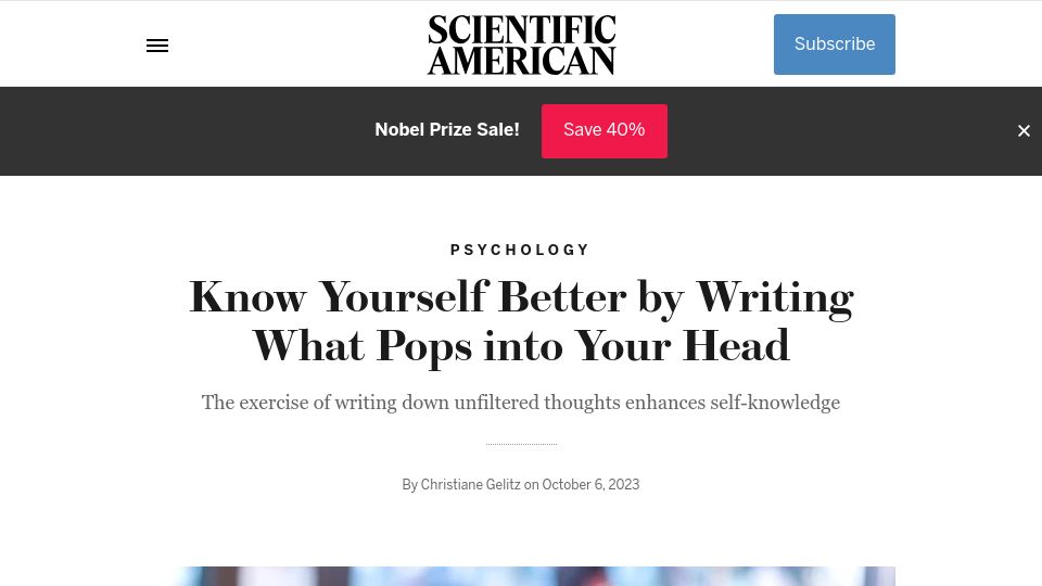 Screenshot of scientificamerican.com: Writing down unfiltered thoughts enhances self-knowledge