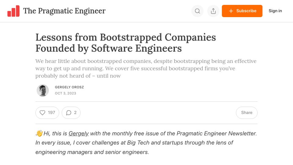 Screenshot of newsletter.pragmaticengineer.com: Lessons from bootstrapped companies founded by software engineers