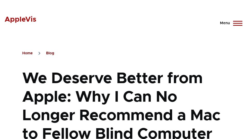 Screenshot of applevis.com: Why I can no longer recommend a Mac to fellow blind computer users
