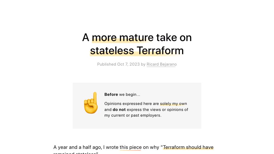 Screenshot of bejarano.io: A more mature take on stateless Terraform