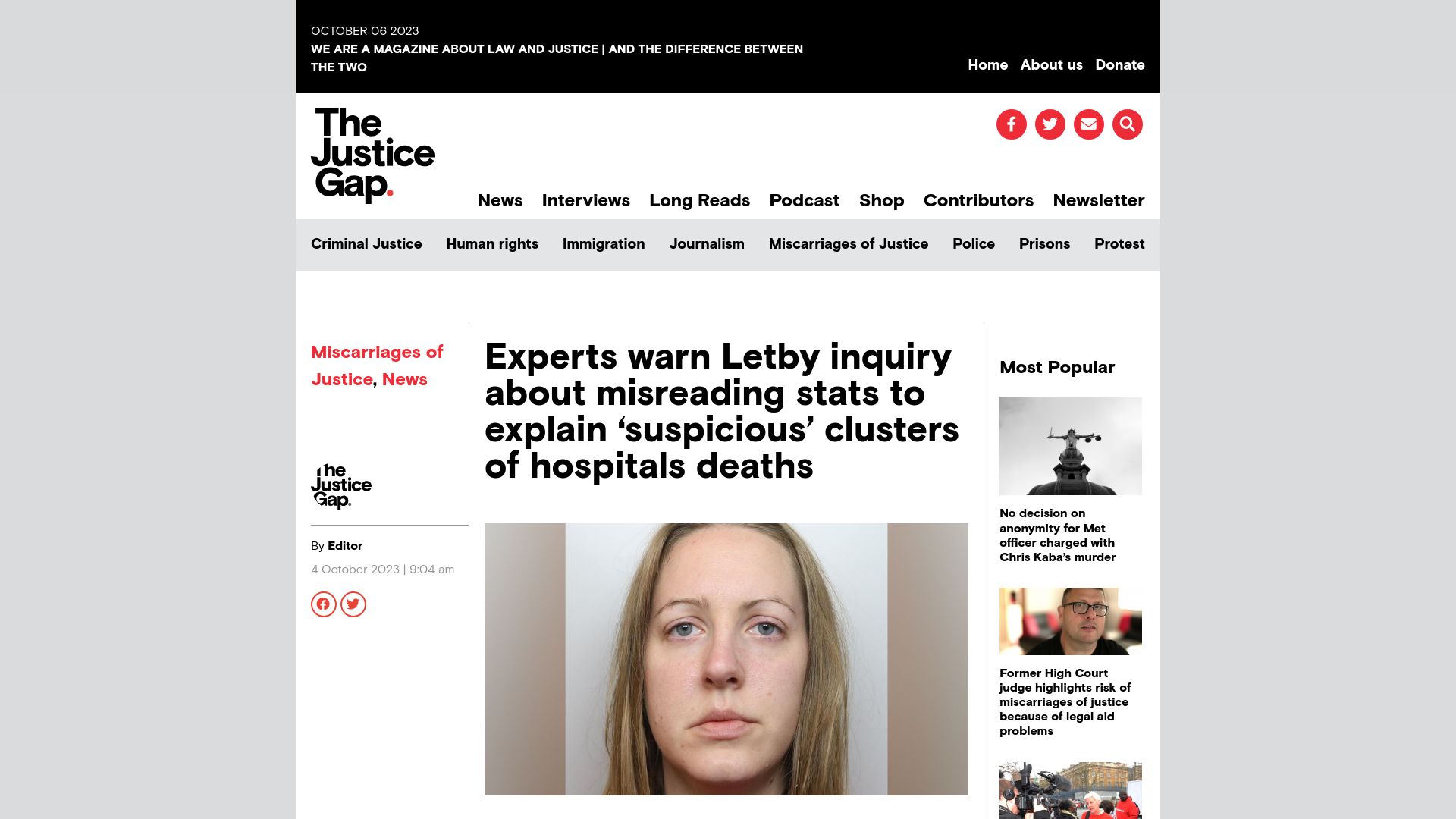 Screenshot of thejusticegap.com: Experts warn Letby inquiry of misreading stats to explain 'suspicious' deaths