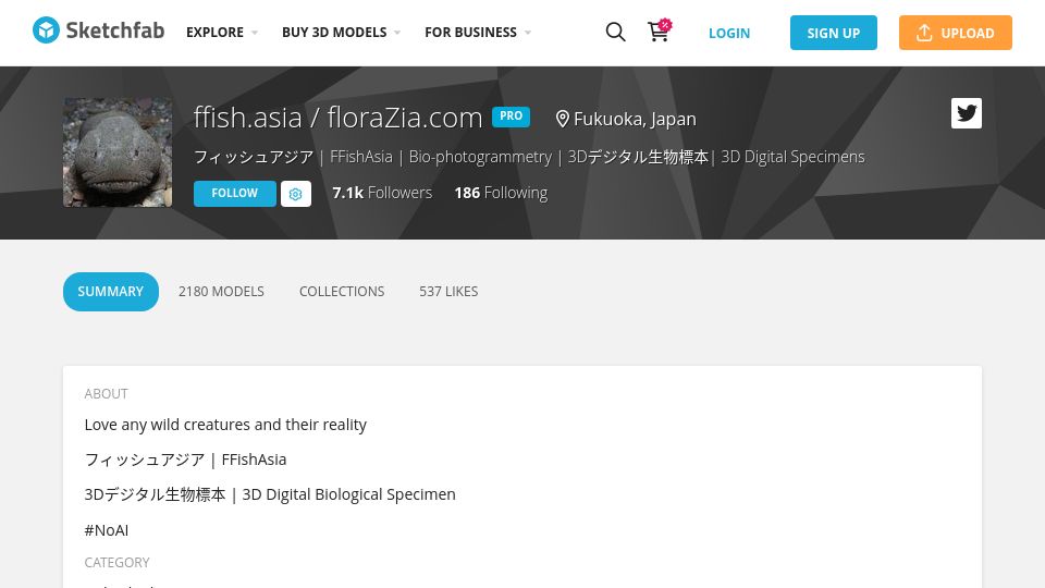 Screenshot of sketchfab.com: Kyushu University released more than 1500 3D models of animals and plants (2022)