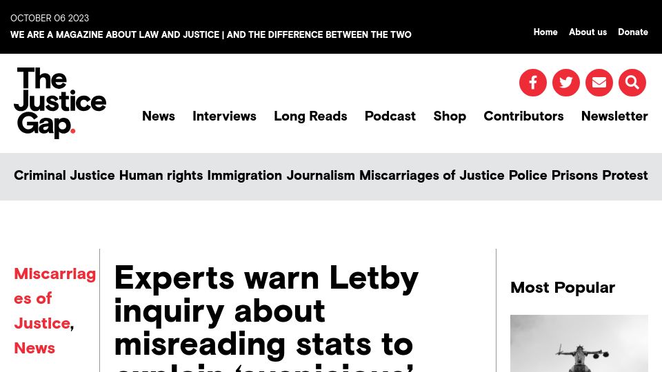 Screenshot of thejusticegap.com: Experts warn Letby inquiry of misreading stats to explain 'suspicious' deaths