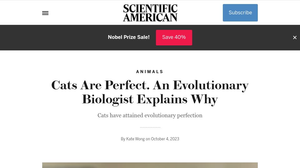 Screenshot of scientificamerican.com: Cats Are Perfect. An Evolutionary Biologist Explains Why