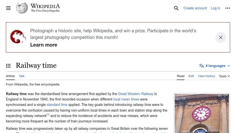 Screenshot of en.wikipedia.org: Railway Time