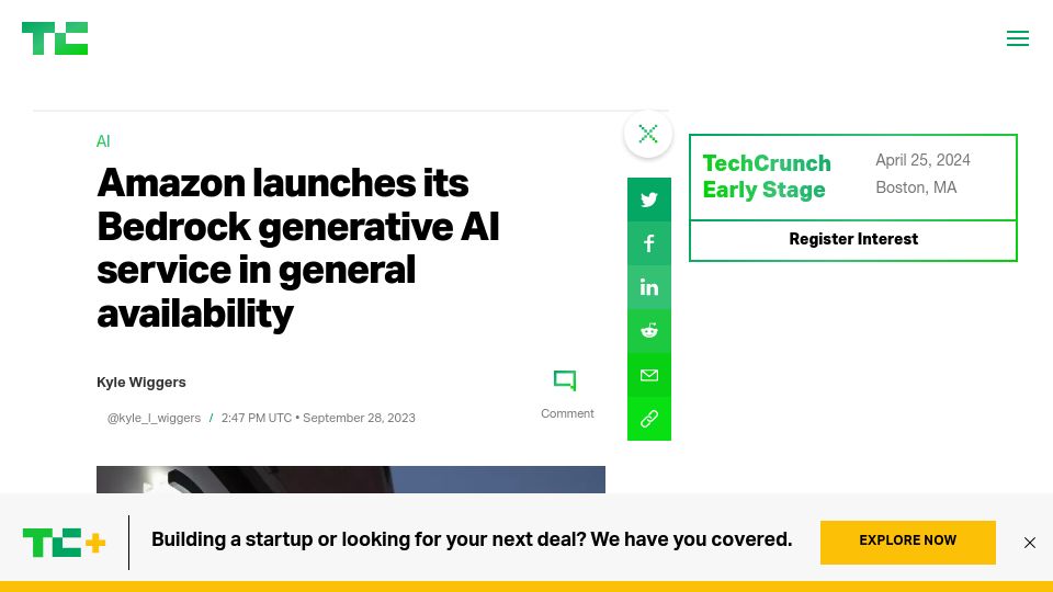 Screenshot of techcrunch.com: Amazon launches its Bedrock generative AI service in general availability