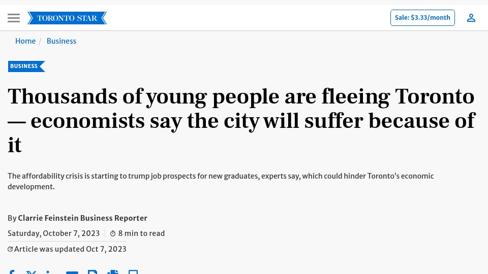 Screenshot of thestar.com: Thousands of young people are fleeing Toronto – economists say city will suffer