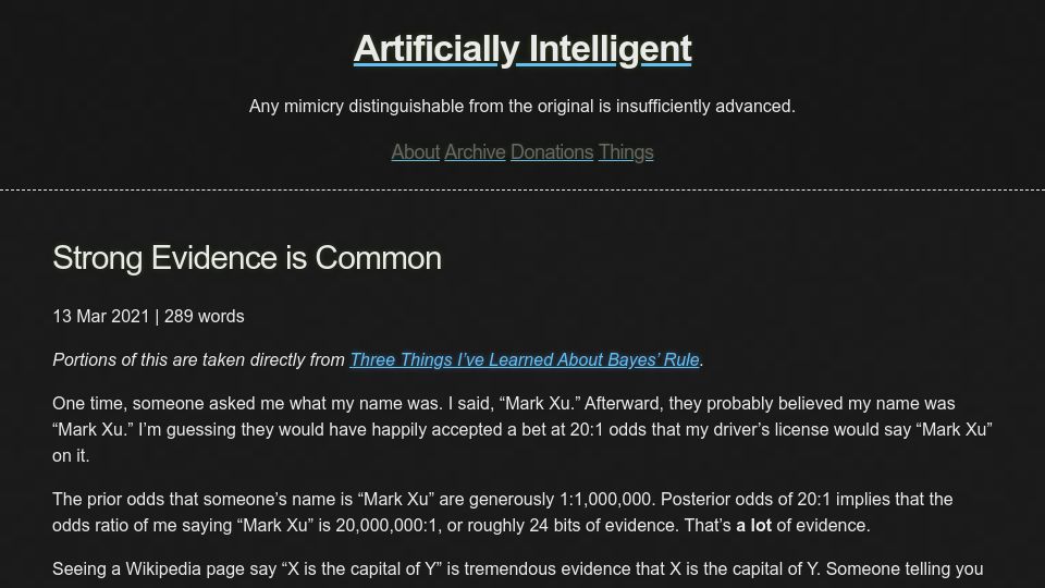 Screenshot of markxu.com: Strong evidence is common (2021)