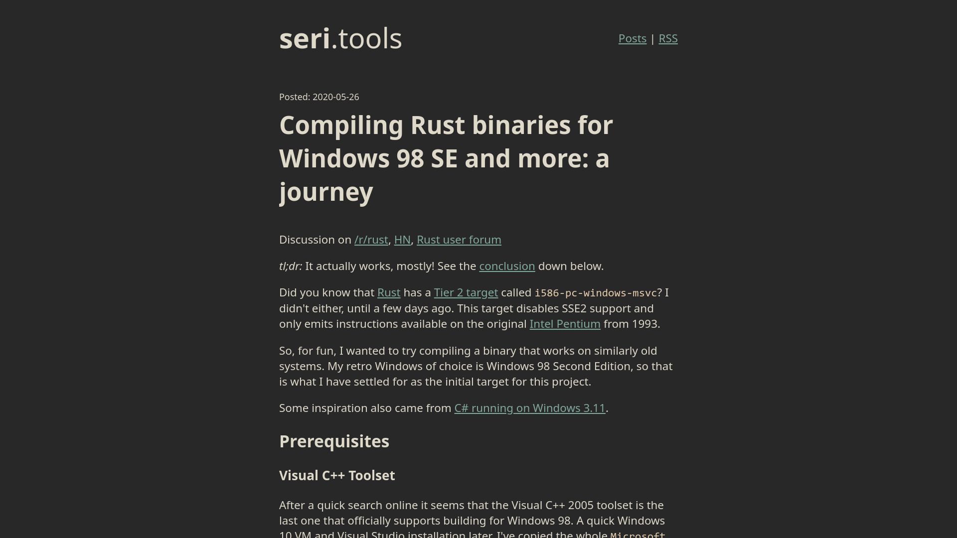 Screenshot of seri.tools: Compiling Rust binaries for Windows 98 SE and more: a journey (2020)