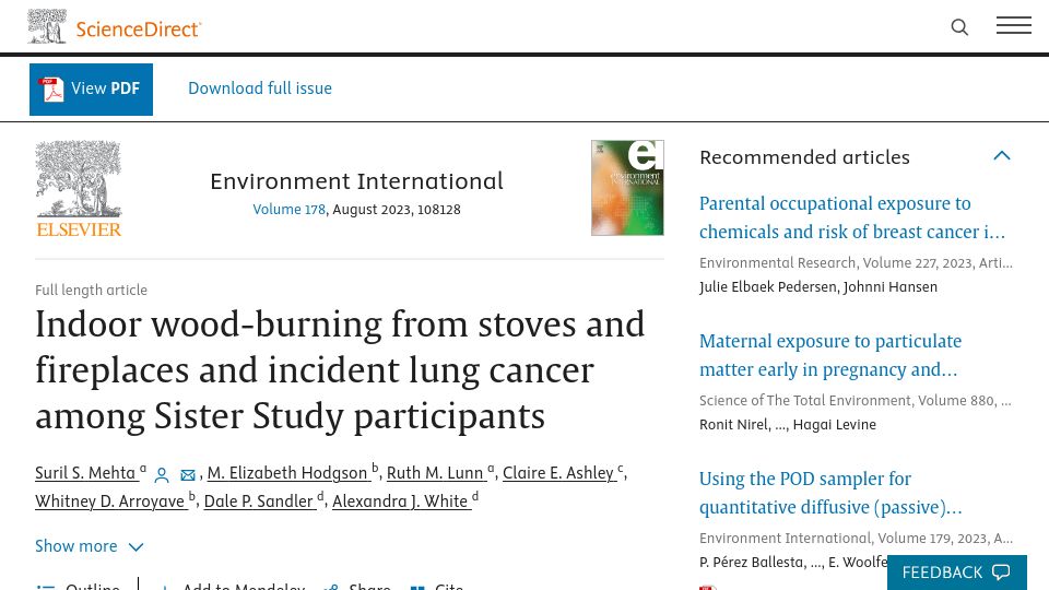 Screenshot of sciencedirect.com: Indoor wood burning raises women’s lung cancer risk by 43%