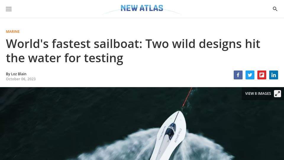 Screenshot of newatlas.com: Fastest sailboat: Two wild designs