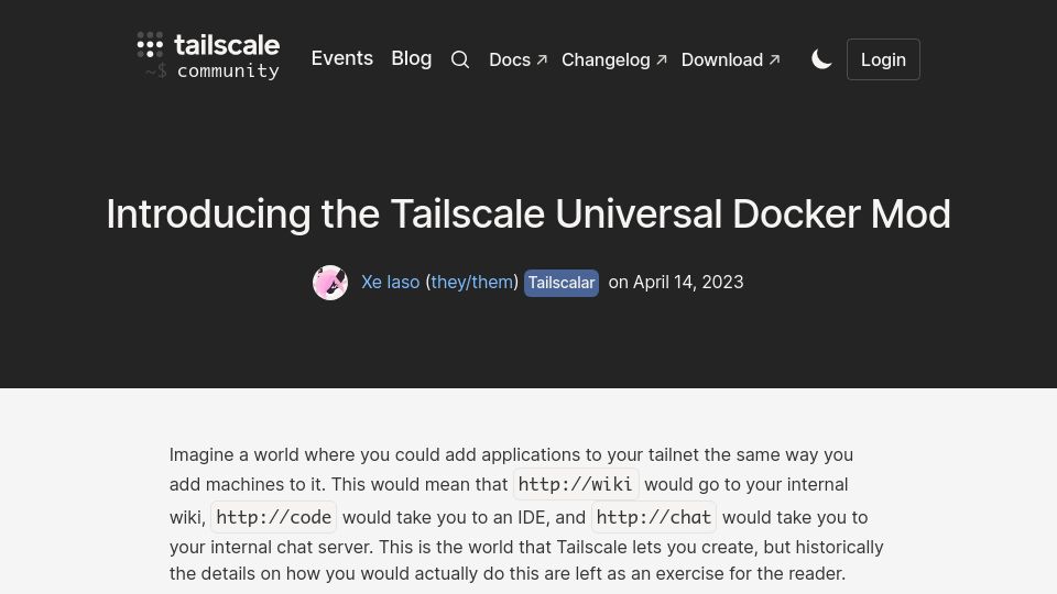 Screenshot of tailscale.dev: The Tailscale Universal Docker Mod