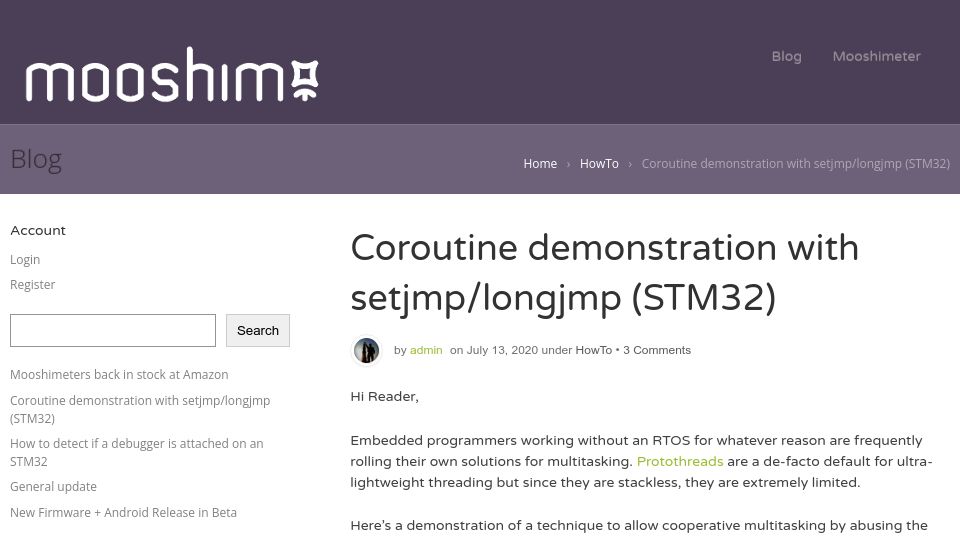 Screenshot of moosh.im: Coroutine demonstration with setjmp/longjmp (STM32)