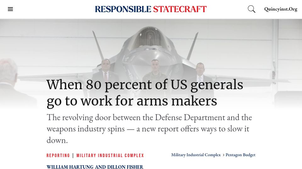 Screenshot of responsiblestatecraft.org: When 80 percent of US generals go to work for arms makers