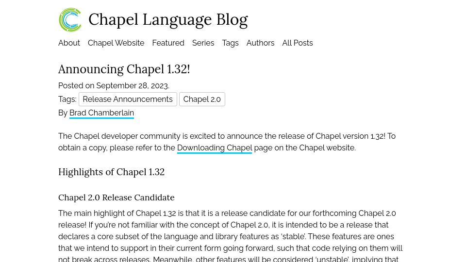 Screenshot of chapel-lang.org: Chapel 1.32