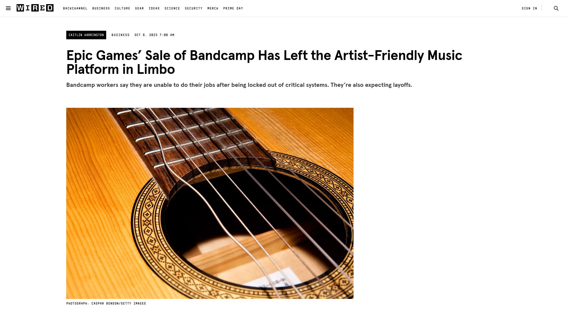 Screenshot of wired.com: Epic Games Sale of Bandcamp Has Left the Artist-Friendly Music Platform in Limbo