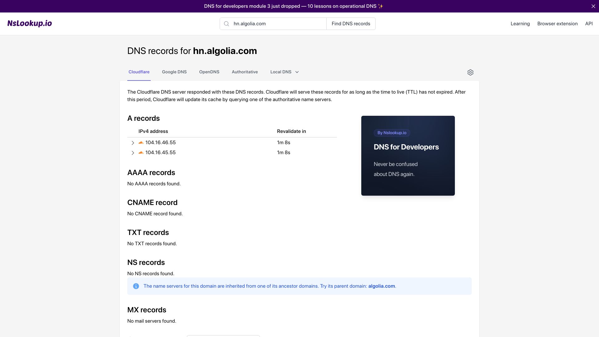 Screenshot of nslookup.io: Tell HN: DNS record "hn.algolia.com" was gone