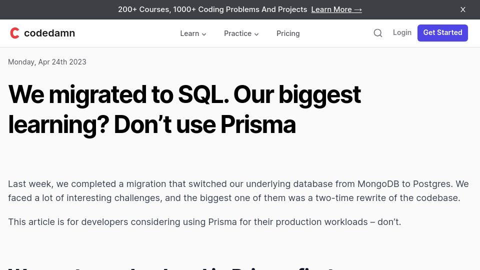 Screenshot of codedamn.com: We migrated to SQL. Our biggest learning? Don't use Prisma