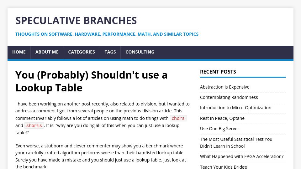 Screenshot of specbranch.com: You probably shouldn't use a lookup table (2022)