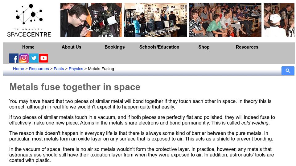 Screenshot of spacecentre.nz: Metals Fuse Together in Space