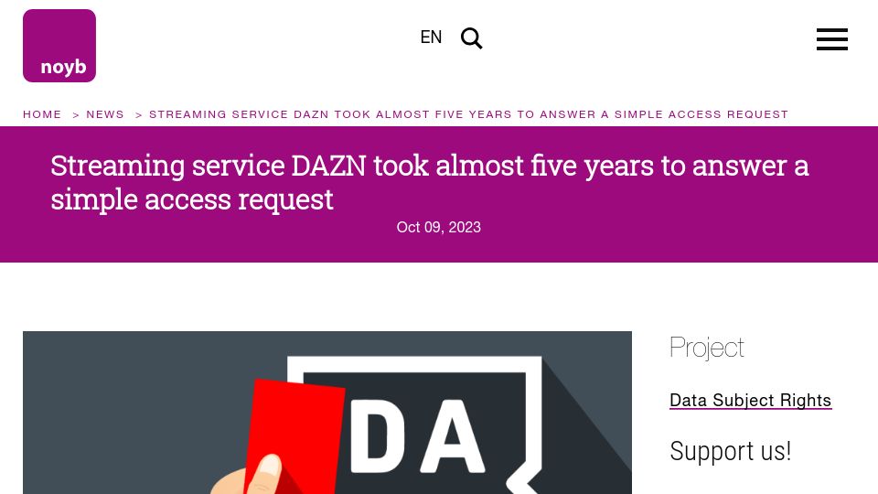 Screenshot of noyb.eu: Streaming service DAZN took almost five years to answer a simple access request