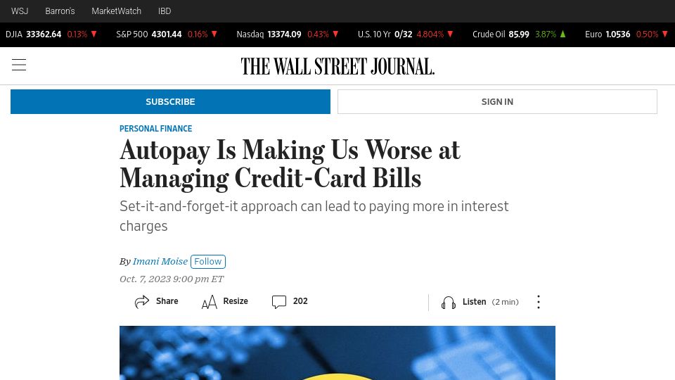 Screenshot of wsj.com: Autopay Is Making Us Worse at Managing Credit-Card Bills