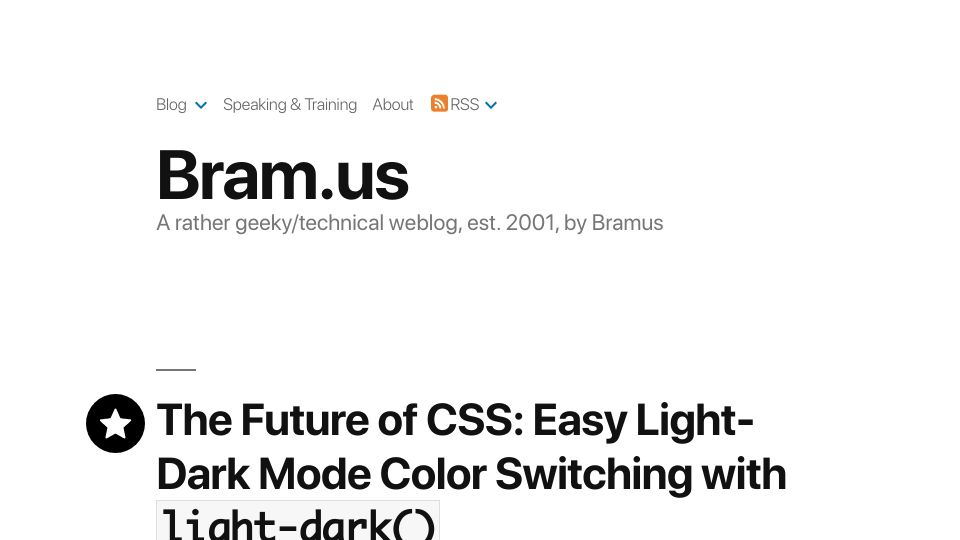 Screenshot of bram.us: The Future of CSS: Easy Light-Dark Mode Color Switching with Light-Dark()