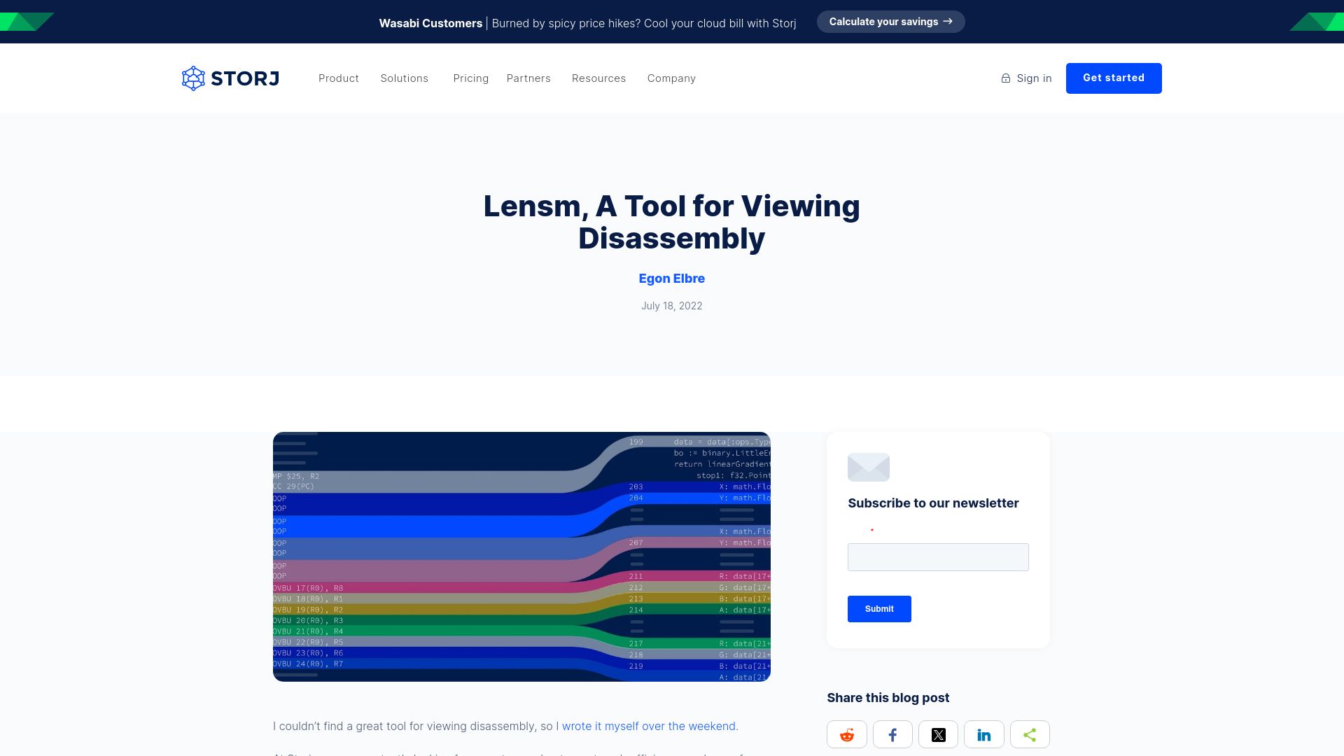 Screenshot of storj.io: Lensm, a tool for viewing disassembly