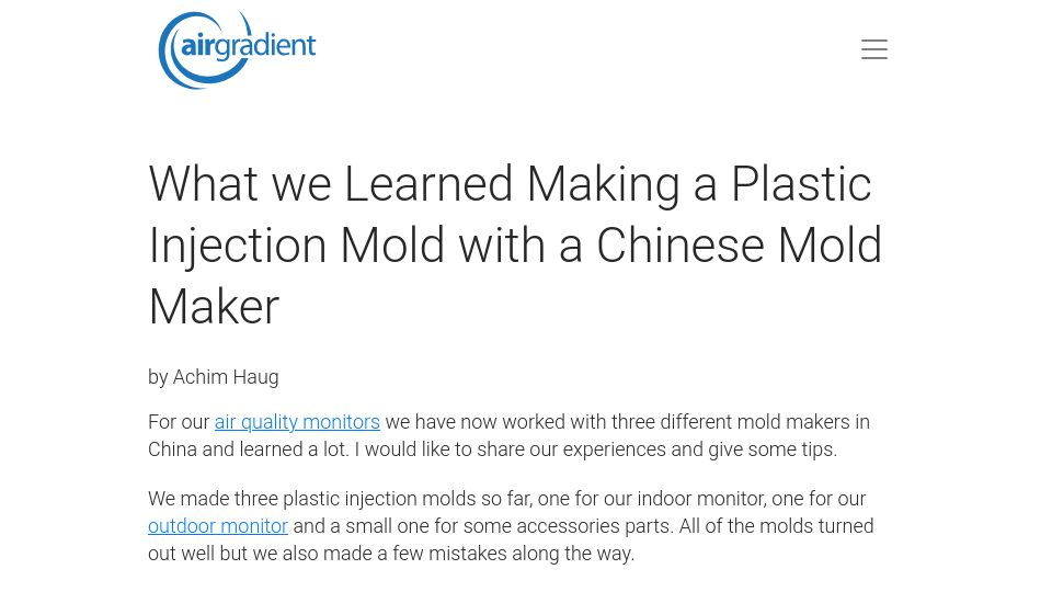 Screenshot of airgradient.com: What we learned making a plastic injection mold with a Chinese mold maker