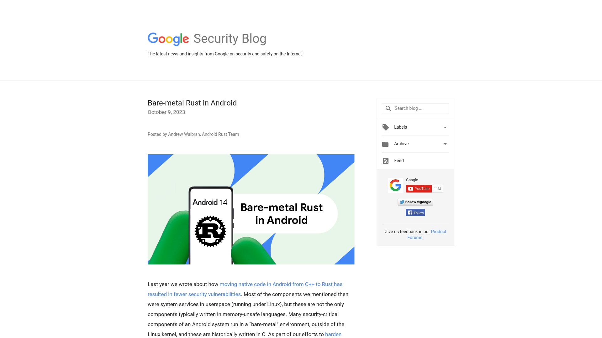 Screenshot of security.googleblog.com: Bare-metal Rust in Android