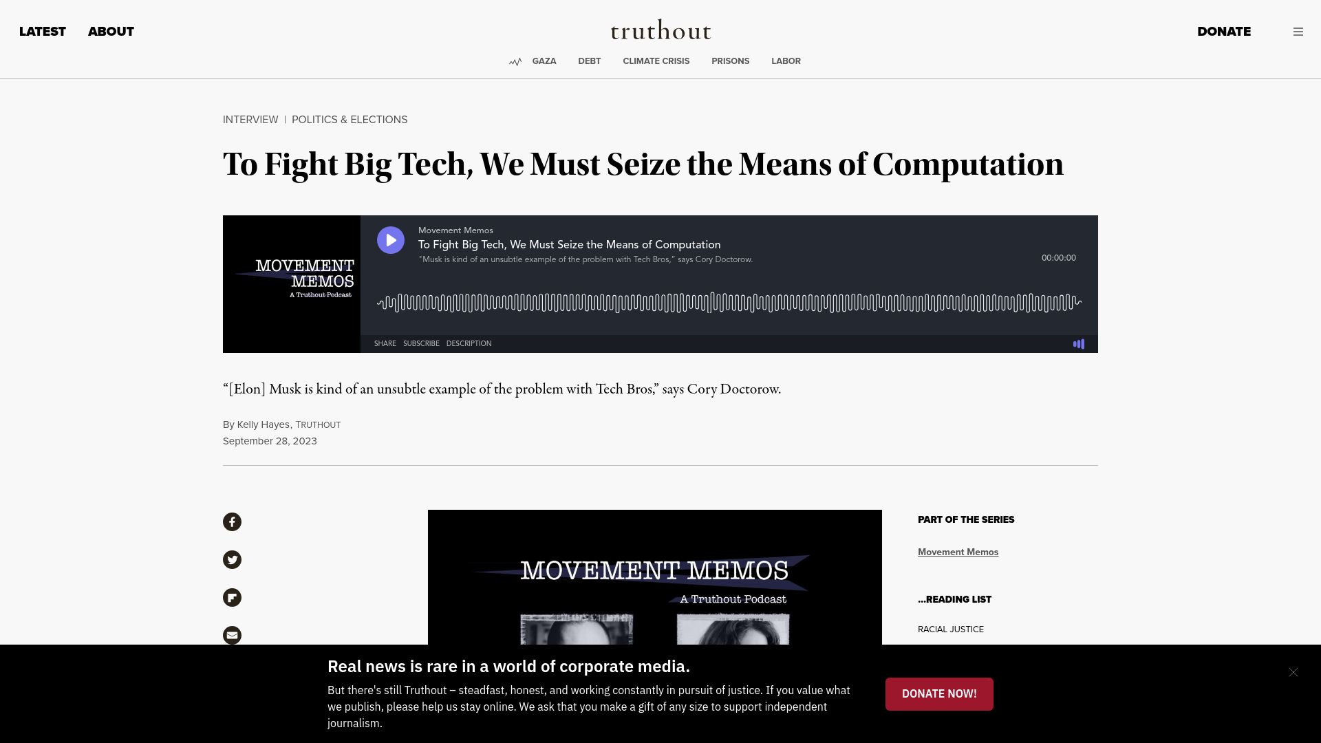Screenshot of truthout.org: To Fight Big Tech, We Must Seize the Means of Computation