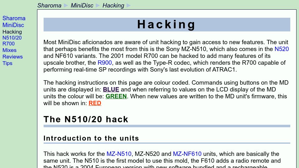Screenshot of sharoma.com: MiniDisc Hacking