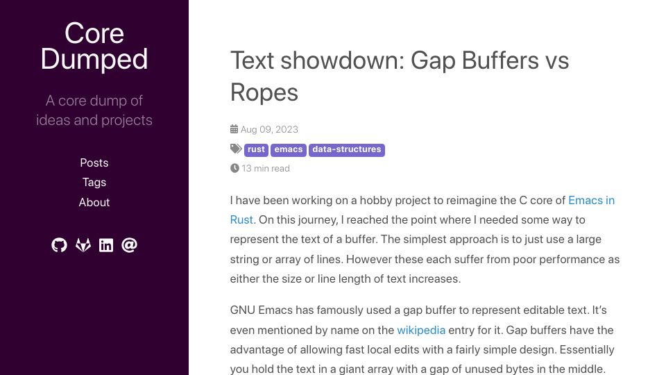 Screenshot of coredumped.dev: Text showdown: Gap Buffers vs. Ropes