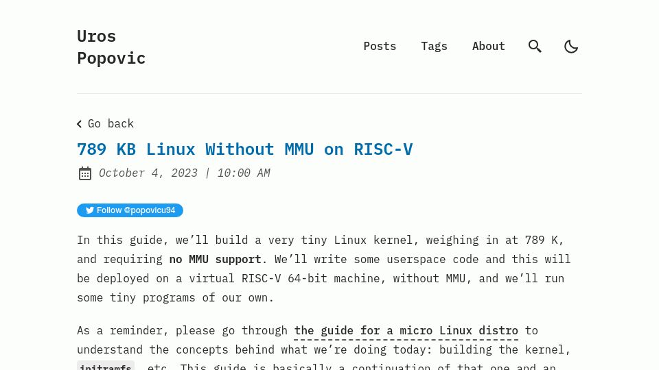 Screenshot of popovicu.com: 789 KB Linux Without MMU on RISC-V