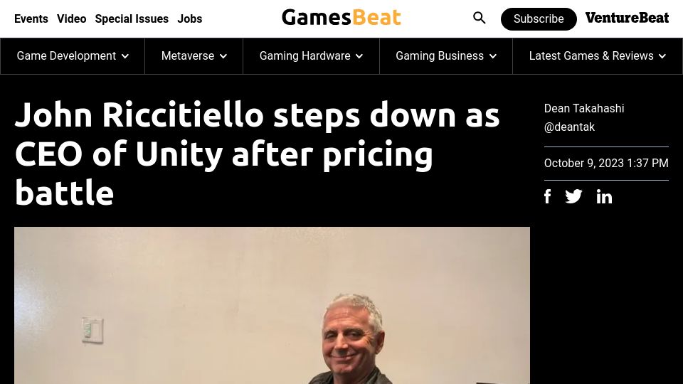 Screenshot of venturebeat.com: John Riccitiello steps down as CEO of Unity