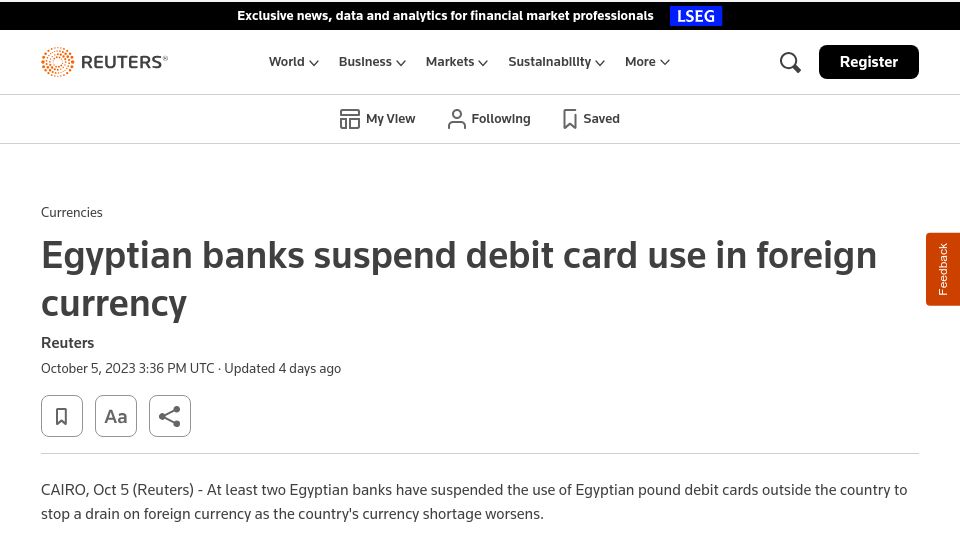Screenshot of reuters.com: Egyptian banks suspend debit card use in foreign currency