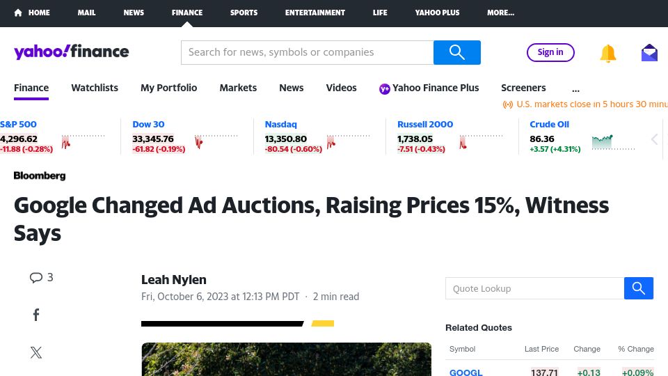 Screenshot of finance.yahoo.com: Google Made Billions with Secret Change to Ad-Auction Algorithm