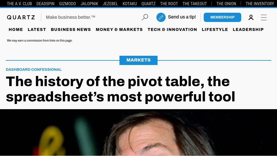 Screenshot of qz.com: The pivot table, the spreadsheet's most powerful tool (2020)