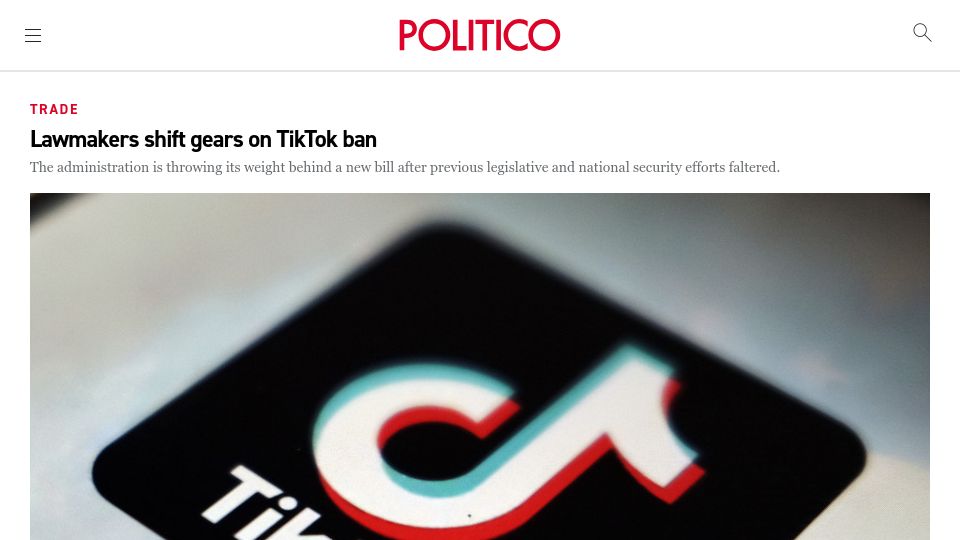 Screenshot of politico.com: Lawmakers shift gears on TikTok ban