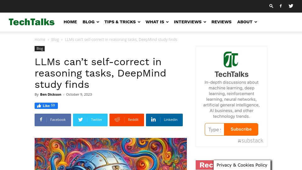 Screenshot of bdtechtalks.com: LLMs can't self-correct in reasoning tasks, DeepMind study finds