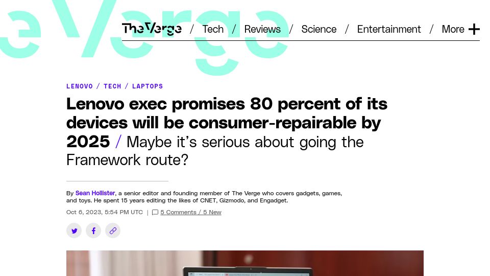 Screenshot of theverge.com: Lenovo exec promises 80% of its devices will be consumer-repairable by 2025